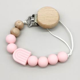 Infant Solid Color Rainbow Baby Pacifier Clip Beech Beads Silicone Bite Molar Drop-Preventing Chain (Color: pink)