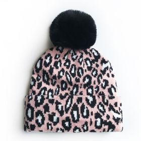 Leopard Print Baby Infant Beanie Knit Warm Winter POM Skull Cap Hat (Color: pink)