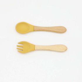 Baby Food Grade Wooden Handles Silicone Spoon Fork Cutlery (Color: yellow, Size/Age: Average Size (0-8Y))