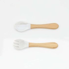 Baby Food Grade Wooden Handles Silicone Spoon Fork Cutlery (Color: White, Size/Age: Average Size (0-8Y))