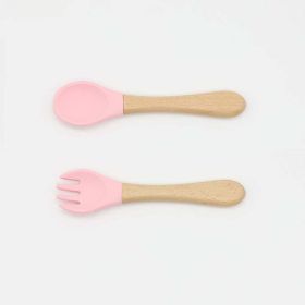 Baby Food Grade Wooden Handles Silicone Spoon Fork Cutlery (Color: pink, Size/Age: Average Size (0-8Y))