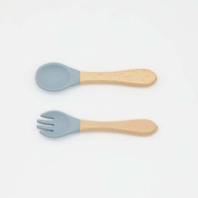 Baby Food Grade Wooden Handles Silicone Spoon Fork Cutlery (Color: Blue, Size/Age: Average Size (0-8Y))