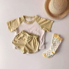 Baby Boys And Girls Color Patchwork Design Round Neck Short-Sleeved Top Combo Shorts Summer Cotton Sets (Color: yellow, Size/Age: 110 (3-5Y))