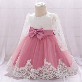 Baby Girl Bow Patched Design Long Sleeves Full Moon Christening Mesh Formal Dress (Color: pink, Size/Age: 90 (12-24M))