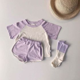 Baby Boys And Girls Color Patchwork Design Round Neck Short-Sleeved Top Combo Shorts Summer Cotton Sets (Color: purple, Size/Age: 100 (2-3Y))