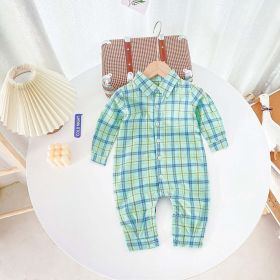 Baby Boy Classic Plaid Pattern Lapel Design Long Sleeve Rompers (Color: green, Size/Age: 73 (6-9M))