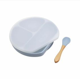 Baby Silicone Compartment Plate With Wooden Spoon (Color: Blue, Size/Age: Average Size (0-8Y))