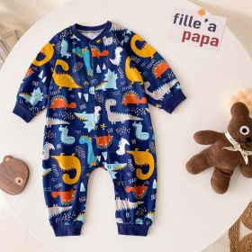 Baby Boy Cartoon Animals Graphic Snap Button Front Design Long Sleeved Romper Jumpsuit (Color: navy blue, Size/Age: 80 (9-12M))