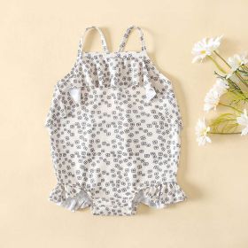 Baby Girl Floral Print Pattern Lace Design Sling Swimsuit Onesies In Summer (Color: Beige, Size/Age: 80 (9-12M))