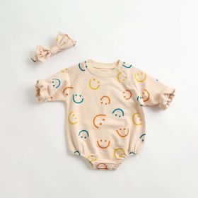 Baby Girl Smiley Print Pattern Long-Sleeve Design Round Collar Onesies (Color: Beige, Size/Age: 66 (3-6M))