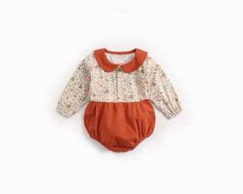 Baby Girl Floral Print Pattern Color Blocking Design Long Sleeve Round Neck Onesies (Color: Red, Size/Age: 100 (2-3Y))