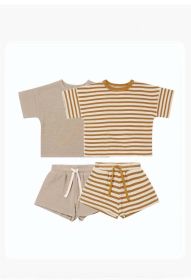 Baby Striped Pattern Color Matching Design Round Collar Short-Sleeved Top Combo Shorts Soft Sets (Color: Khaki, Size/Age: 100 (2-3Y))