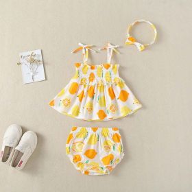 Baby Girl Lemon Fruit Print Sleeveless Dress Combo Short Pants In Sets (Color: yellow, Size/Age: 73 (6-9M))