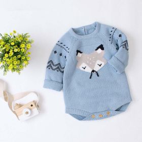 Baby Cartoon Fox Graphic Long Sleeves Triangle Knitted Romper Jumpsuit In Autumn (Color: Blue, Size/Age: 80 (9-12M))