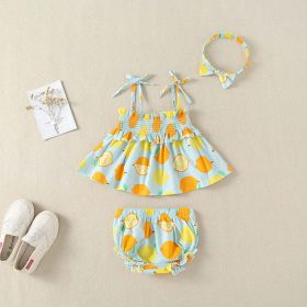 Baby Girl Lemon Fruit Print Sleeveless Dress Combo Short Pants In Sets (Color: Blue, Size/Age: 66 (3-6M))