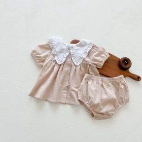 Baby Girls Lapel Collar Short Sleeve Top Combo Short Pants In Sets (Color: Apricot, Size/Age: 73 (6-9M))