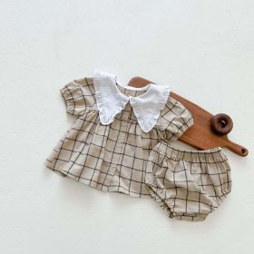 Baby Girls Lapel Collar Short Sleeve Top Combo Short Pants In Sets (Color: Khaki, Size/Age: 80 (9-12M))