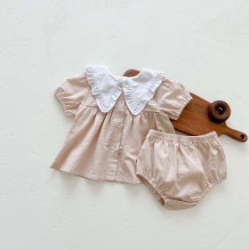 Baby Girls Lapel Collar Short Sleeve Top Combo Short Pants In Sets (Color: Apricot, Size/Age: 66 (3-6M))