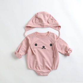 Baby 1pcs Cartoon Print Pattern Long Sleeved Cotton Triangle Onesies With Hat (Color: pink, Size/Age: 90 (12-24M))