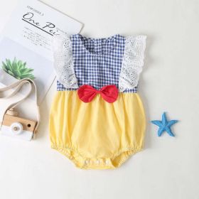 Baby Girl Plaid Pattern Lace Patchwork Bow Sleeveless Princess Onesies In Summer (Color: yellow, Size/Age: 73 (6-9M))