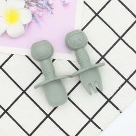 Baby Bear Pattern Complementary Food Training Lovely Silicone Spoon Fork Sets (Color: green, Size/Age: Average Size (0-8Y))