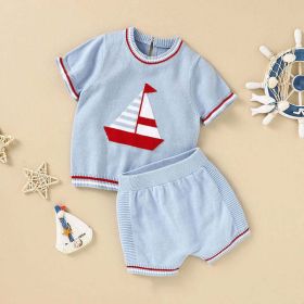 Baby Boy Embroidered Graphic Striped Neck & Sleeve Design Tee Combo Shorts Sailor Style Sets (Color: Blue, Size/Age: 73 (6-9M))