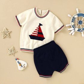 Baby Boy Embroidered Graphic Striped Neck & Sleeve Design Tee Combo Shorts Sailor Style Sets (Color: White, Size/Age: 90 (12-24M))