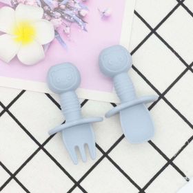 Baby Bear Pattern Complementary Food Training Lovely Silicone Spoon Fork Sets (Color: Blue, Size/Age: Average Size (0-8Y))