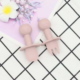 Baby Bear Pattern Complementary Food Training Lovely Silicone Spoon Fork Sets (Color: Light Pink, Size/Age: Average Size (0-8Y))