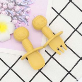 Baby Bear Pattern Complementary Food Training Lovely Silicone Spoon Fork Sets (Color: yellow, Size/Age: Average Size (0-8Y))