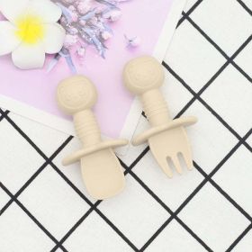 Baby Bear Pattern Complementary Food Training Lovely Silicone Spoon Fork Sets (Color: Beige, Size/Age: Average Size (0-8Y))