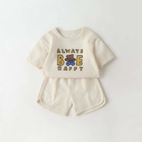 Baby Cartoon Bear & Slogan Pattern Waffle Fabric Tops Combo Solid Shorts 1-Piece Sets (Color: Beige, Size/Age: 66 (3-6M))