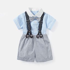 Baby Boy Solid Color Single Breasted Design Onesies With Bow Tie Combo Striped Overalls Shorts Sets (Color: Blue, Size/Age: 66 (3-6M))