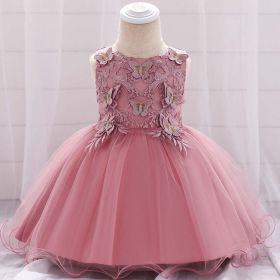 Baby Girl Butterfly Patched Graphic Sleeveless Western Style Baptism Birthday Dress (Color: pink, Size/Age: 90 (12-24M))