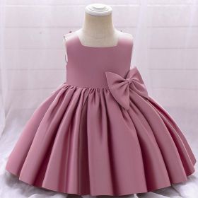 Baby Girl Solid Color Bow Patched Design Sleeveless Western Style Satin Dress (Color: pink, Size/Age: 80 (9-12M))