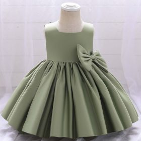 Baby Girl Solid Color Bow Patched Design Sleeveless Western Style Satin Dress (Color: green, Size/Age: 73 (6-9M))