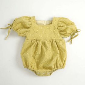 Baby Girls Embroidery Design Solid Color Square Collar Puff Sleeves Onesies In Summer (Color: yellow, Size/Age: 90 (12-24M))