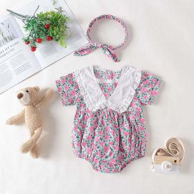 Baby Girl Floral Print Pattern Lace Collar Patchwork Baby Onesies Short Sleeve (Color: purple, Size/Age: 73 (6-9M))