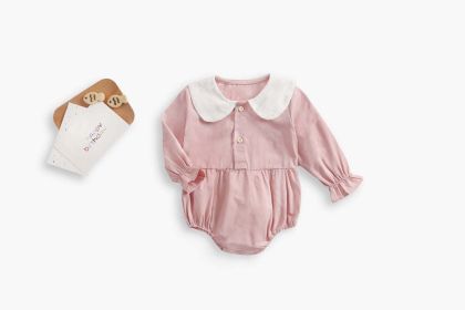 Baby Girl Doll Collar Design Solid Color Long Sleeve Onesies With Buttons (Color: pink, Size/Age: 73 (6-9M))