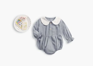 Baby Girl Doll Collar Design Solid Color Long Sleeve Onesies With Buttons (Color: Blue, Size/Age: 66 (3-6M))