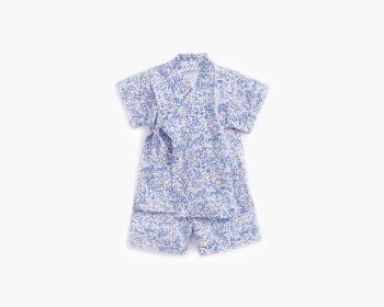 Baby Floral Print Belt Design Short-Sleeved Tops Combo Shorts Japanese Sets Pajamas (Color: Blue, Size/Age: 90 (12-24M))