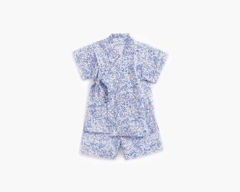 Baby Floral Print Belt Design Short-Sleeved Tops Combo Shorts Japanese Sets Pajamas (Color: Blue, Size/Age: 100 (2-3Y))