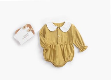 Baby Girl Doll Collar Design Solid Color Long Sleeve Onesies With Buttons (Color: yellow, Size/Age: 66 (3-6M))