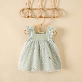 Baby Girls Pineapple Embroidery Polka Dot Lace Patchwork Square Collar Sleeveless Dress In Summer (Color: green, Size/Age: 100 (2-3Y))