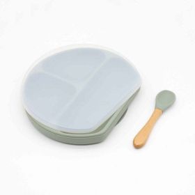 Baby Silicone Compartment Plate With Wooden Spoon (Color: green, Size/Age: Average Size (0-8Y))