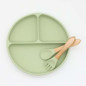 Baby Silicone Round Sucker Compartment Dinner Plate With Spoon Fork Sets (Color: green, Size/Age: Average Size (0-8Y))