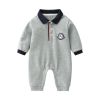 Baby Boy Logo Patched Pattern Quarter Button Design Lapel College Style Romper