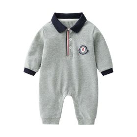 Baby Boy Logo Patched Pattern Quarter Button Design Lapel College Style Romper (Color: Grey, Size/Age: 59 (0-3M))