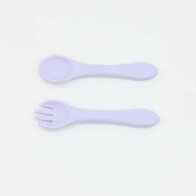 Baby Food Grade Complementary Food Training Silicone Spoon Fork Sets (Color: purple, Size/Age: Average Size (0-8Y))