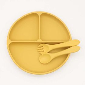 Baby Silicone Round Sucker Compartment Dinner Plate With Spoon Fork Sets (Color: yellow, Size/Age: Average Size (0-8Y))